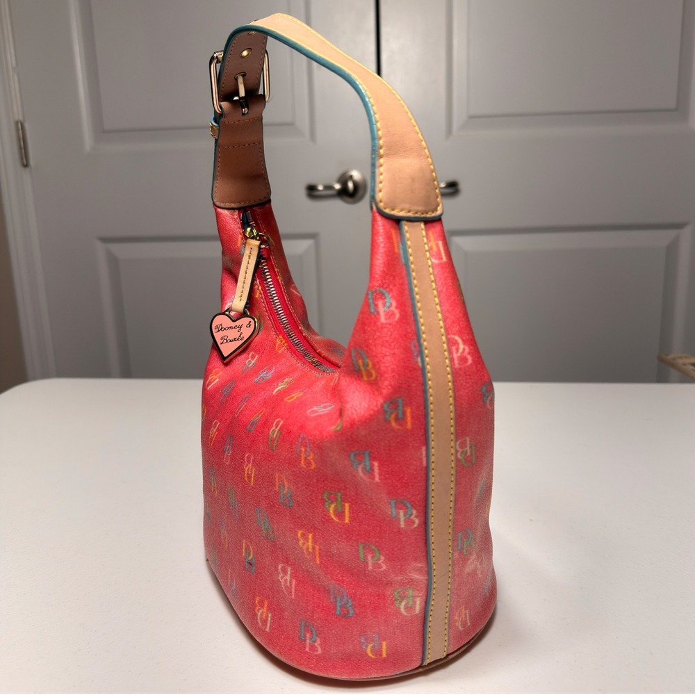 Dooney & Bourke Rainbow Monogram Red Coated Canvas Hobo Bag Y2K Vintage Medium - Picture 6 of 16